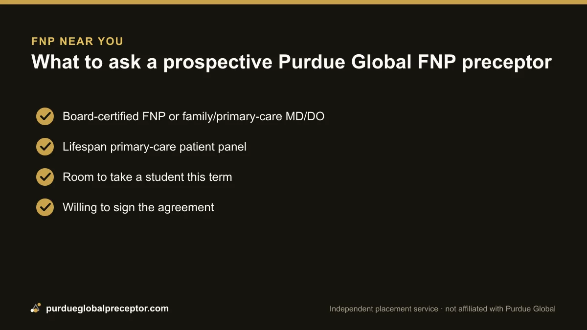 Checklist of what to ask a prospective Purdue Global FNP preceptor